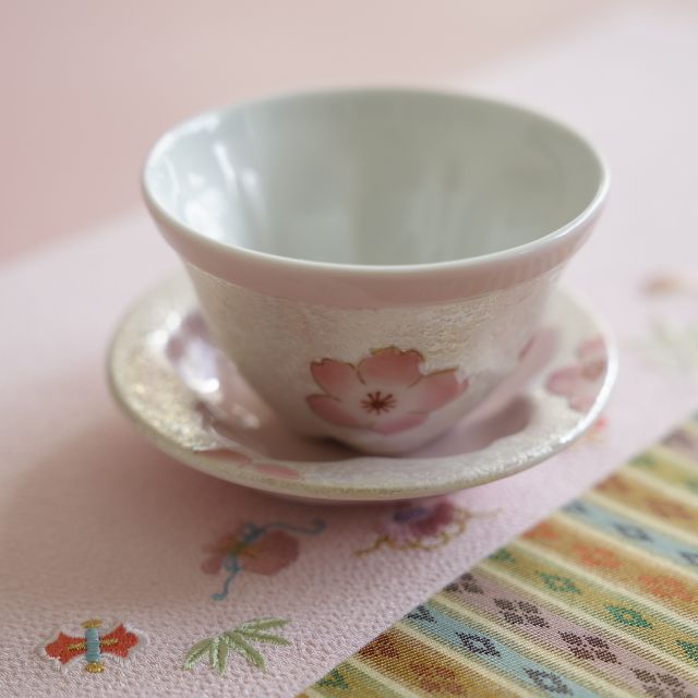 ARITA WARE "IRIDESCENT SAKURA" TEACUP & SMALL PLATE