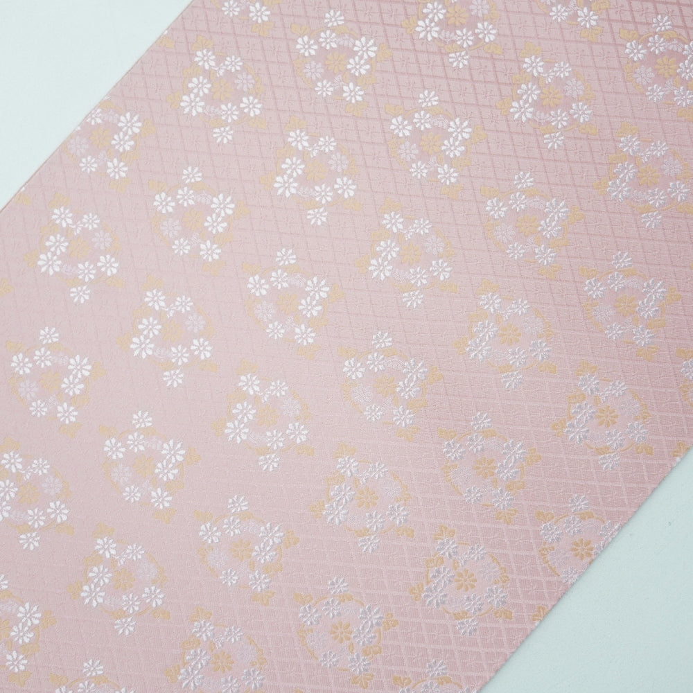 NISHIJIN TABLE RUNNER – FLORAL ROUNDELS ON PINK LATTICE (KYOTO)