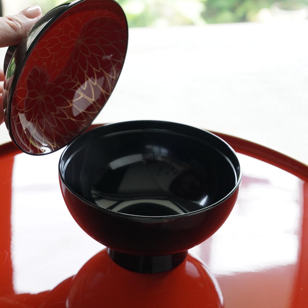 GOTEN SOUP BOWL BLACK WITH RED INTERIOR & FULL CHRYSANTHEMUM DESIGN