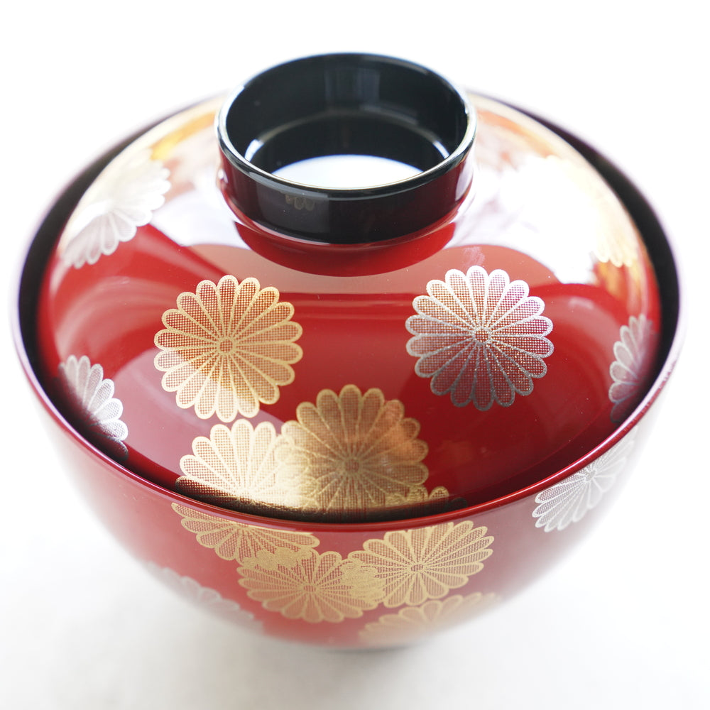 RED CHRYSANTHEMUM FILLED DESIGN WITH BLACK INTERIOR PLATE