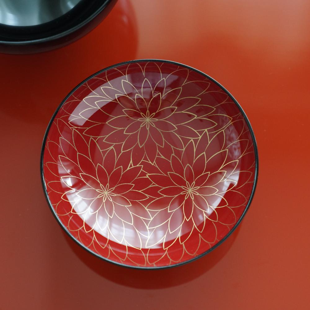 GOTEN SOUP BOWL BLACK WITH RED INTERIOR & FULL CHRYSANTHEMUM DESIGN