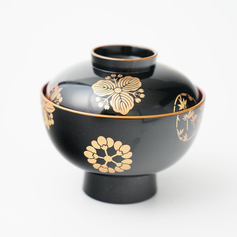 YUWEN ORIGINAL ZONI SOUP BOWL WITH FOUR SEASONS FLORAL CRESTS (BLACK)