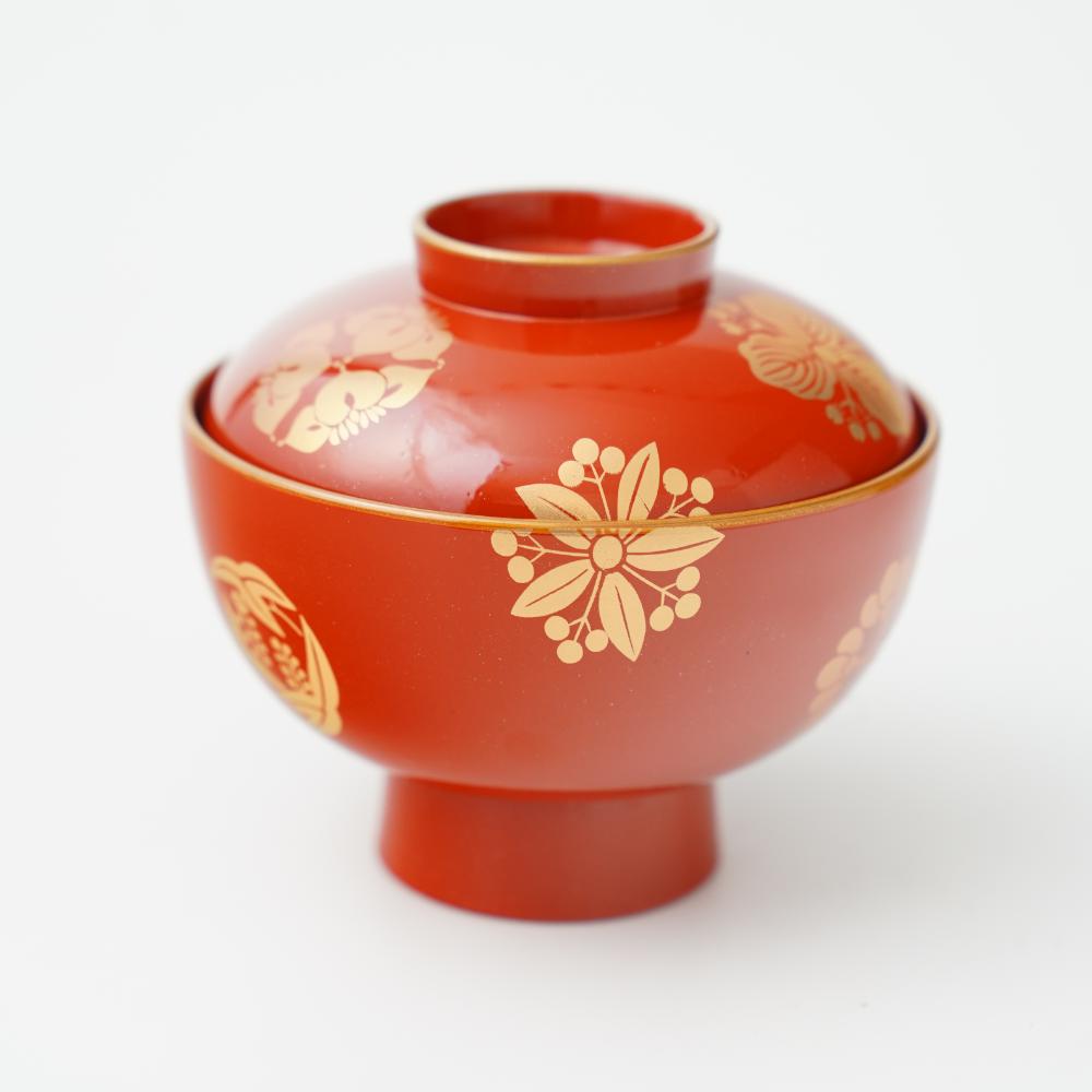 YUWEN ORIGINAL ZONI SOUP BOWL WITH FOUR SEASONS FLORAL CRESTS (PERSIMMON RED)