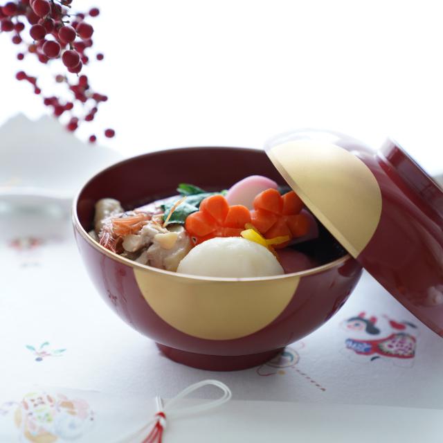 YUWEN ORIGINAL ZONI SOUP BOWL RED WITH GOLD SKY & HALF-MOON DESIGN