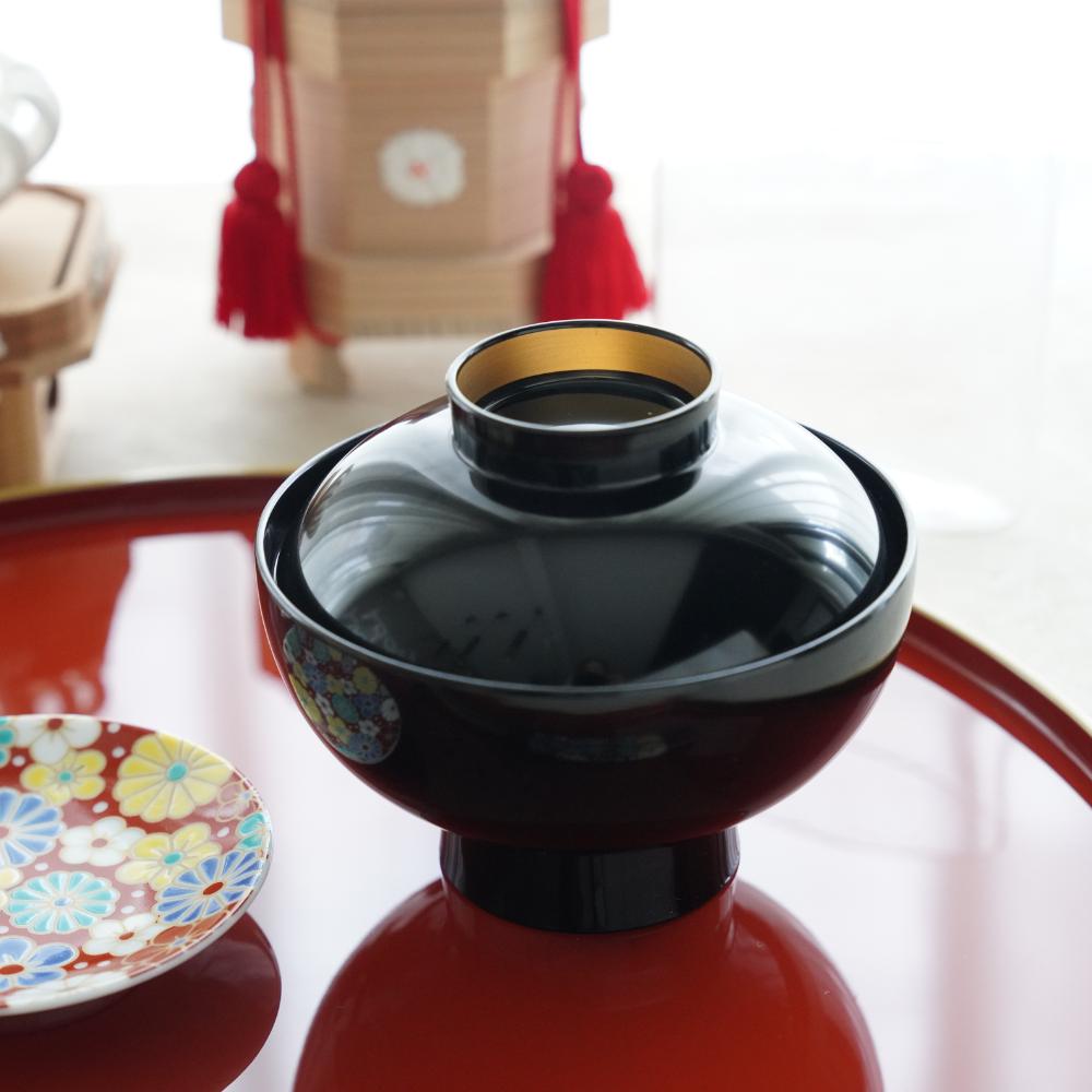 GOTEN SOUP BOWL BLACK WITH RED INTERIOR & FULL CHRYSANTHEMUM DESIGN