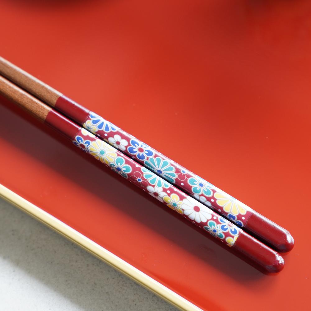 SEIKO KILN KUTANI-STYLE WAKASA-LACQUER CHOPSTICKS WITH PLUM & CHRYSANTHEMUM