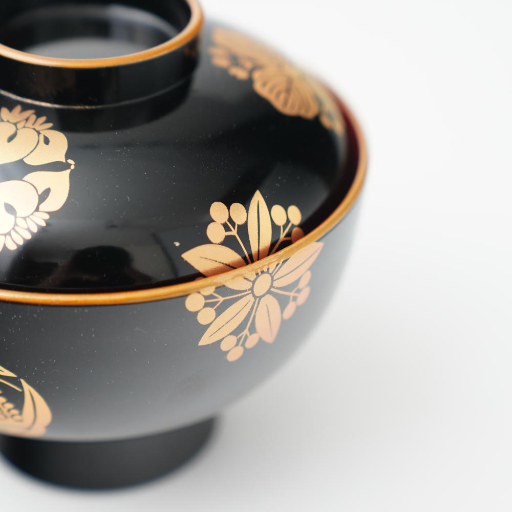 YUWEN ORIGINAL ZONI SOUP BOWL WITH FOUR SEASONS FLORAL CRESTS (BLACK)