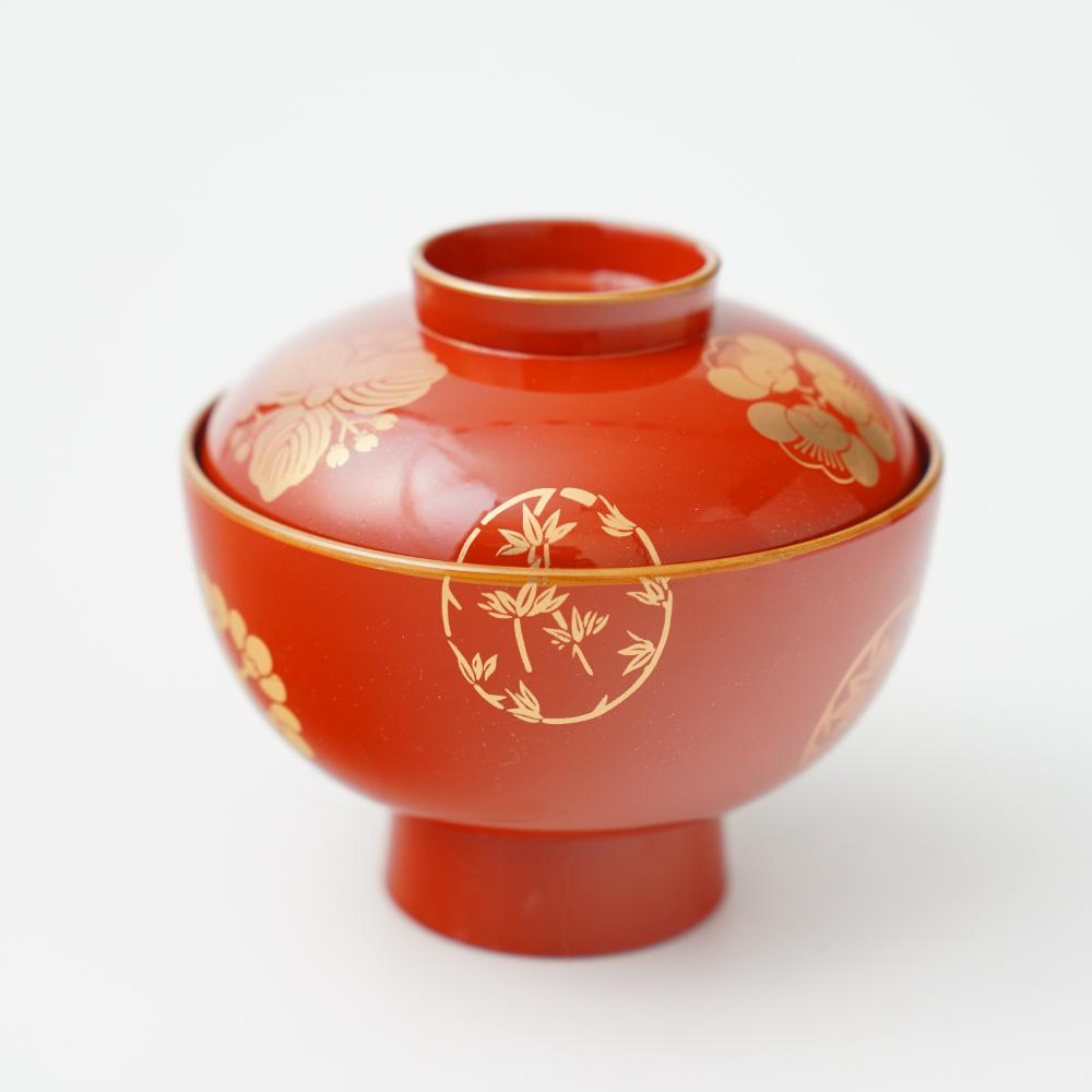 YUWEN ORIGINAL ZONI SOUP BOWL WITH FOUR SEASONS FLORAL CRESTS (PERSIMMON RED)