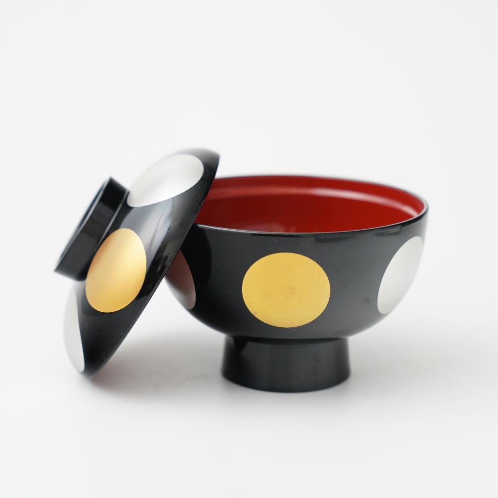 YUWEN ORIGINAL BLACK WITH RED INTERIOR SOUP BOWL "KIN-GIN NICHIGETSU" (SUN & MOON DESIGN)