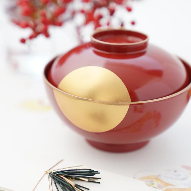 YUWEN ORIGINAL ZONI SOUP BOWL RED WITH GOLD SKY & HALF-MOON DESIGN