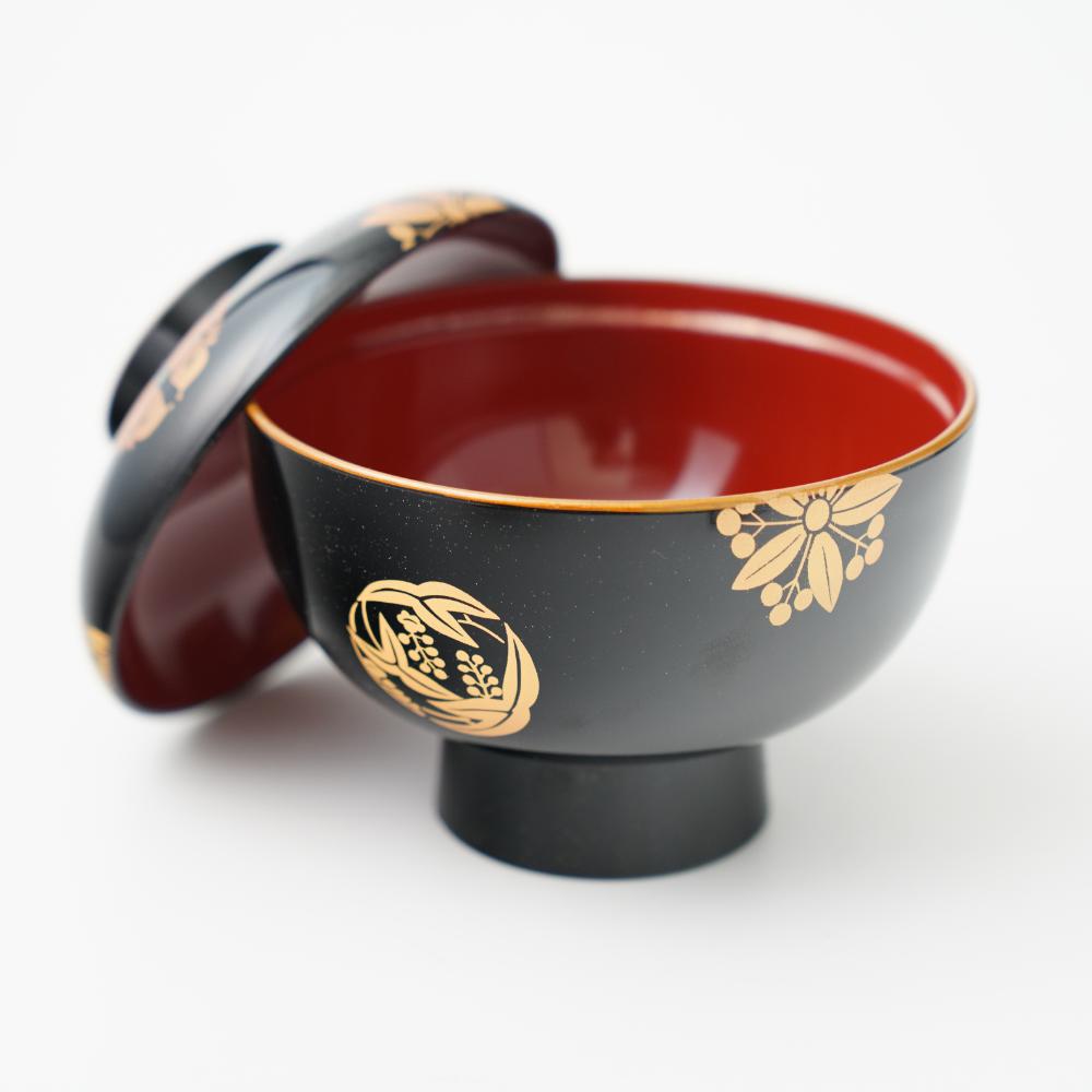 YUWEN ORIGINAL ZONI SOUP BOWL WITH FOUR SEASONS FLORAL CRESTS (BLACK)