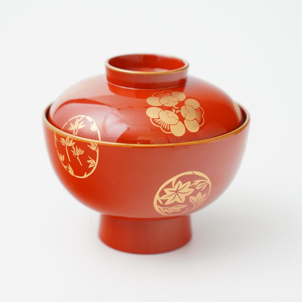 YUWEN ORIGINAL ZONI SOUP BOWL WITH FOUR SEASONS FLORAL CRESTS (PERSIMMON RED)