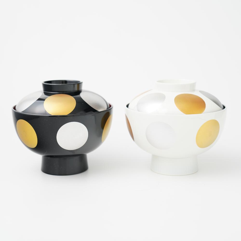 YUWEN ORIGINAL WHITE WITH BLACK INTERIOR SOUP BOWL "KIN-GIN NICHIGETSU" (SUN & MOON DESIGN)