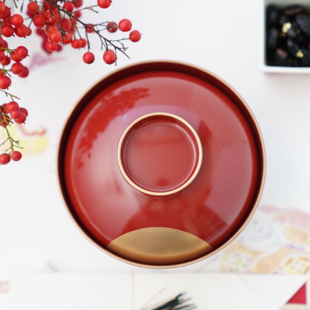 YUWEN ORIGINAL ZONI SOUP BOWL RED WITH GOLD SKY & HALF-MOON DESIGN