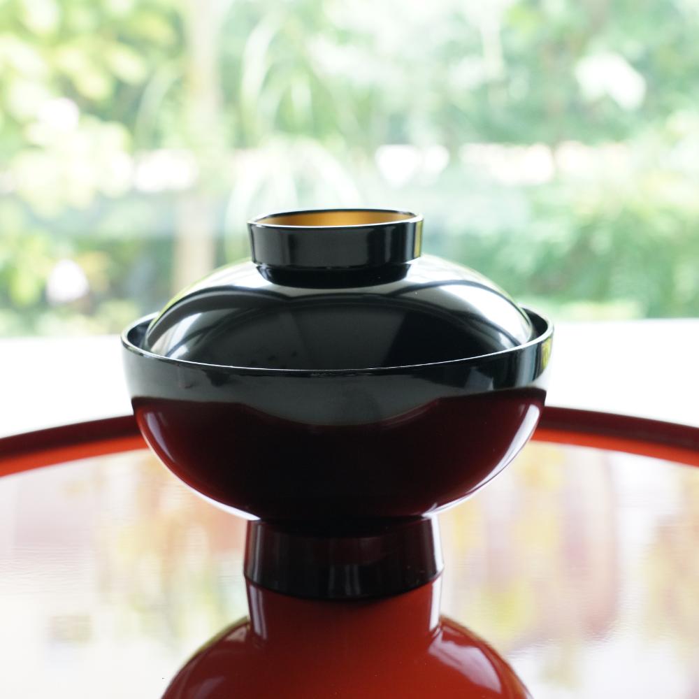 GOTEN SOUP BOWL BLACK WITH RED INTERIOR & FULL CHRYSANTHEMUM DESIGN