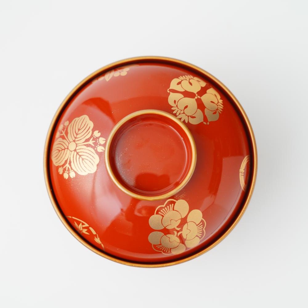 YUWEN ORIGINAL ZONI SOUP BOWL WITH FOUR SEASONS FLORAL CRESTS (PERSIMMON RED)