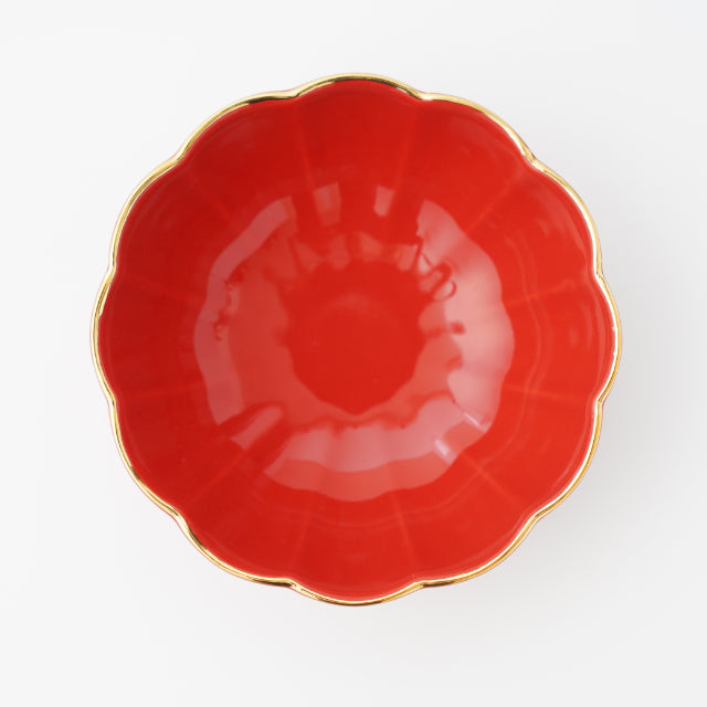 YUWEN ORIGINAL RED LOTUS-SHAPED SMALL BOWL / NABE SERVING BOWL WITH GOLD RIM