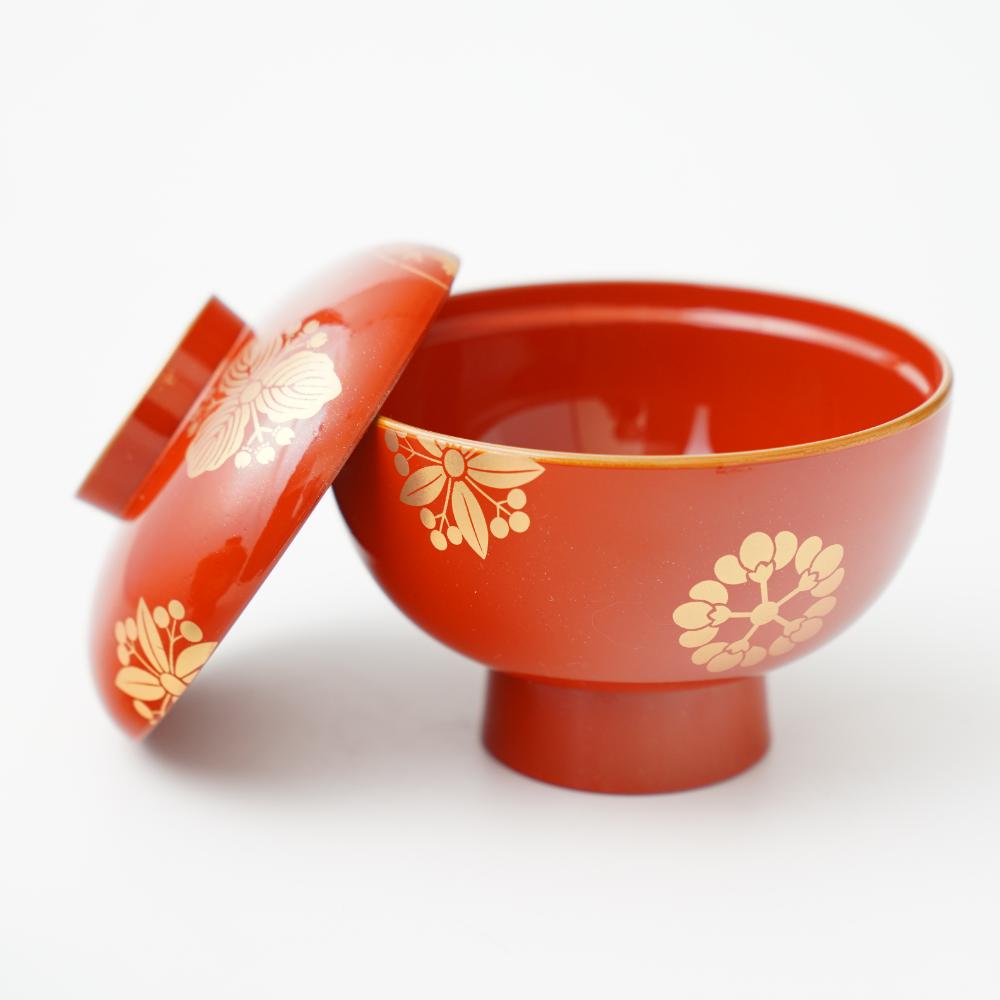 YUWEN ORIGINAL ZONI SOUP BOWL WITH FOUR SEASONS FLORAL CRESTS (PERSIMMON RED)