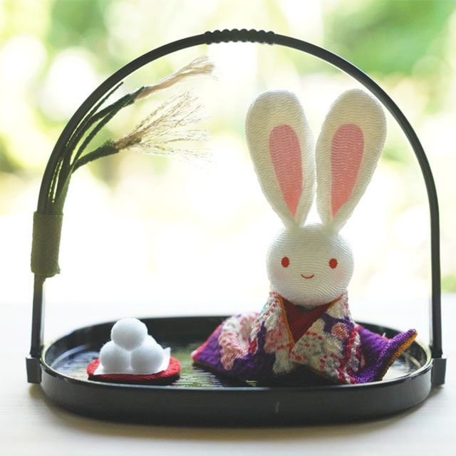 Moon-viewing rabbit in a basket, chirimen ornament, Kyoto