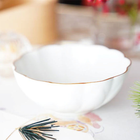 YUWEN ORIGINAL WHITE LOTUS-SHAPED SMALL BOWL / NABE SERVING BOWL WITH GOLD RIM