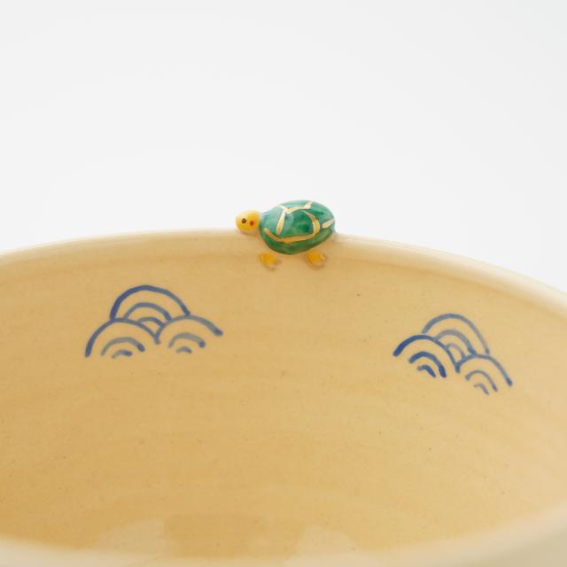 Crane and turtle matcha bowl, turtle and blue waves on the rim