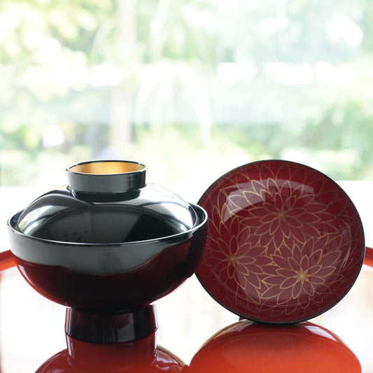 GOTEN SOUP BOWL BLACK WITH RED INTERIOR & FULL CHRYSANTHEMUM DESIGN