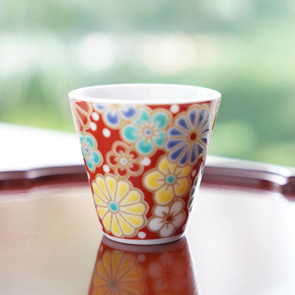 GOOD FORTUNE SAKE CUP – PLUM & CHRYSANTHEMUM (KUTANI)