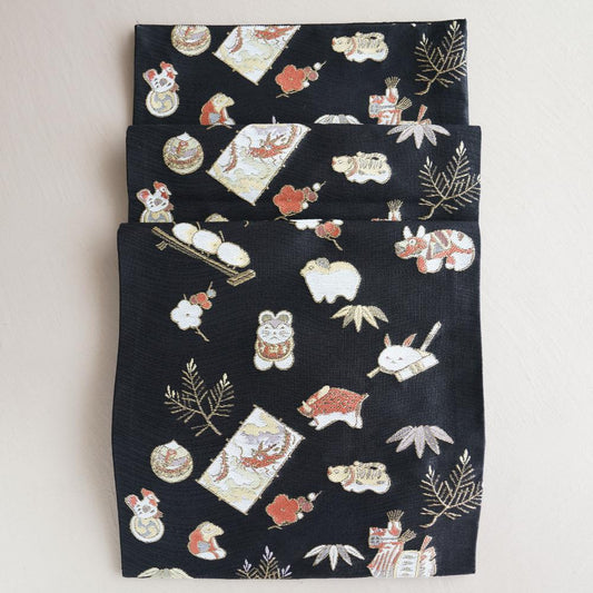 Nishijin table runner, twelve zodiac animals on black, Kyoto