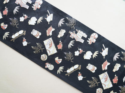 NISHIJIN TABLE RUNNER – TWELVE ZODIAC ANIMALS ON BLACK (KYOTO)