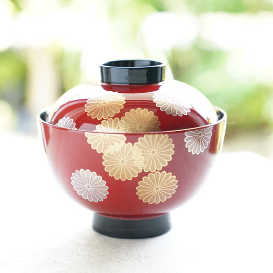 RED CHRYSANTHEMUM FILLED DESIGN WITH BLACK INTERIOR PLATE