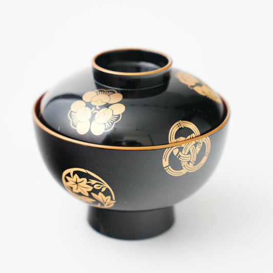 YUWEN ORIGINAL ZONI SOUP BOWL WITH FOUR SEASONS FLORAL CRESTS (BLACK)