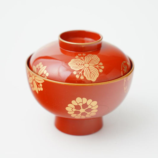 YUWEN ORIGINAL ZONI SOUP BOWL WITH FOUR SEASONS FLORAL CRESTS (PERSIMMON RED)