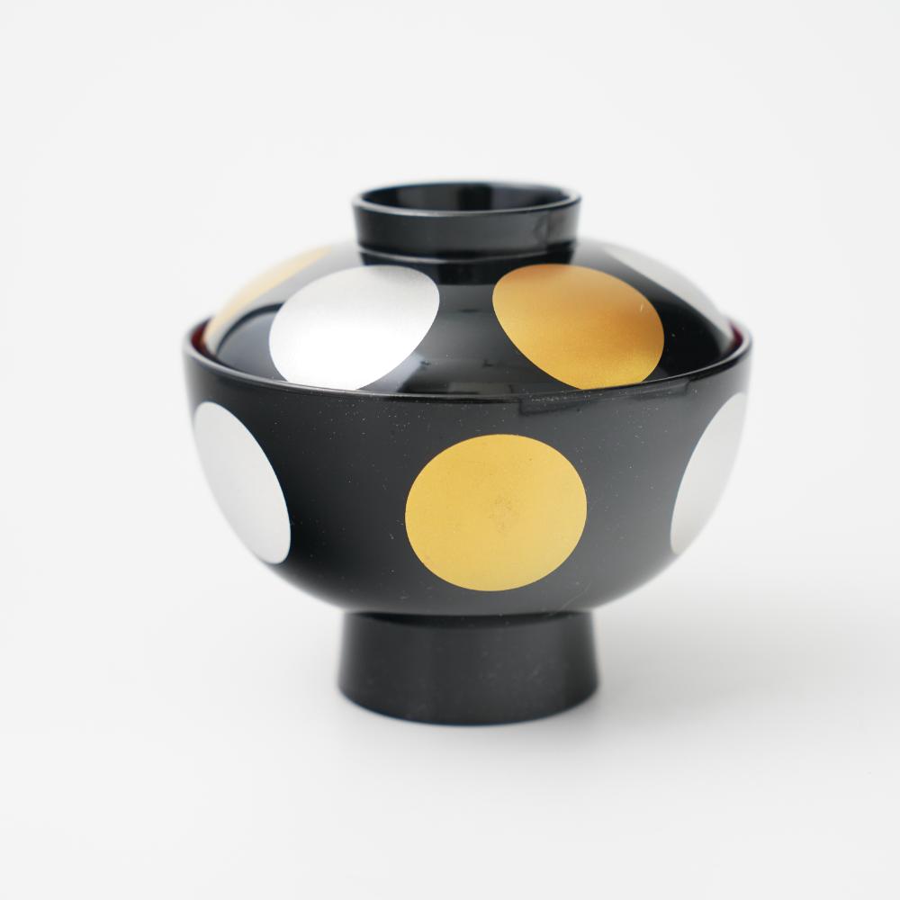 YUWEN ORIGINAL BLACK WITH RED INTERIOR SOUP BOWL "KIN-GIN NICHIGETSU" (SUN & MOON DESIGN)