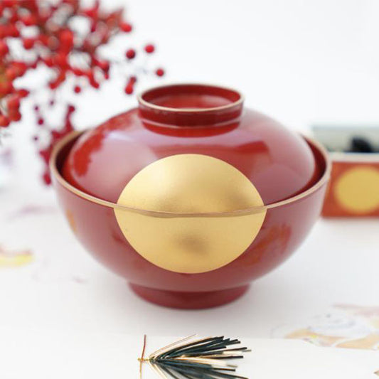 YUWEN ORIGINAL ZONI SOUP BOWL RED WITH GOLD SKY & HALF-MOON DESIGN