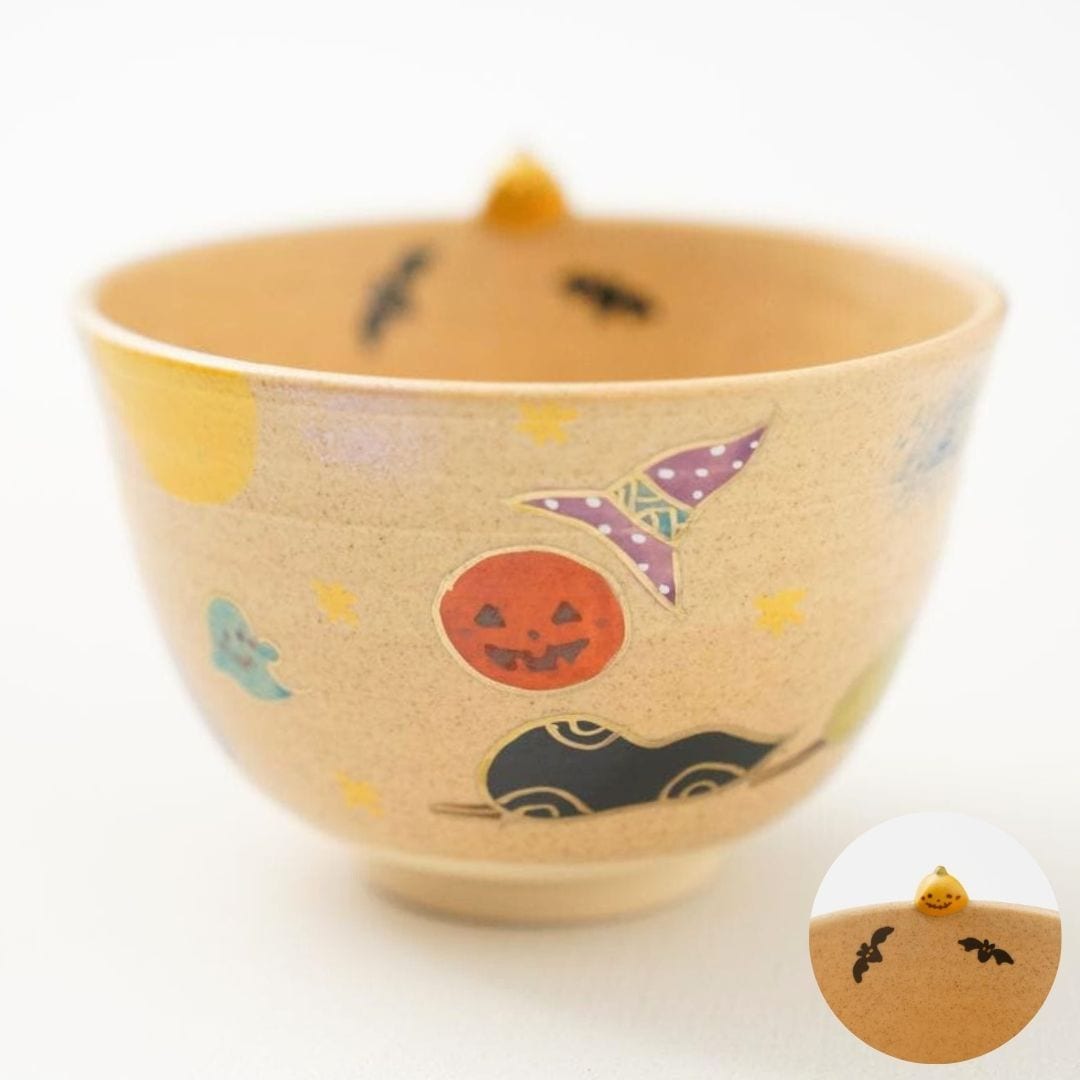 Hand-painted Kyoto matcha bowl with jack-o'-lantern, bats and ghost