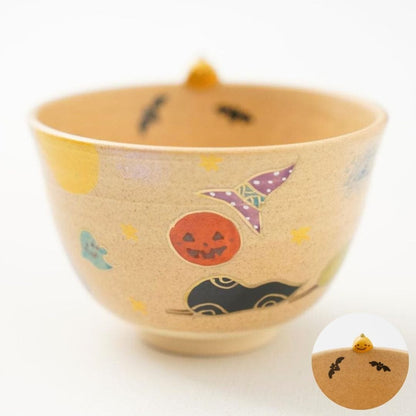 Hand-painted Kyoto matcha bowl with jack-o'-lantern, bats and ghost