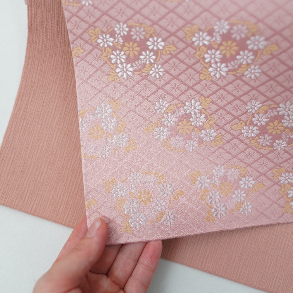NISHIJIN TABLE RUNNER – FLORAL ROUNDELS ON PINK LATTICE (KYOTO)