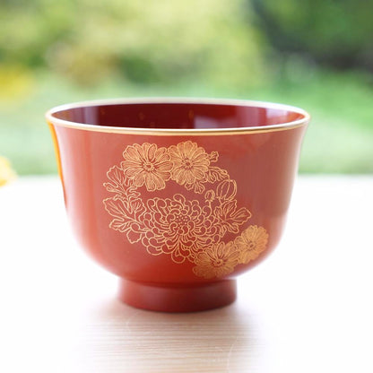Lily-shaped soup bowl, persimmon red with gold chrysanthemum