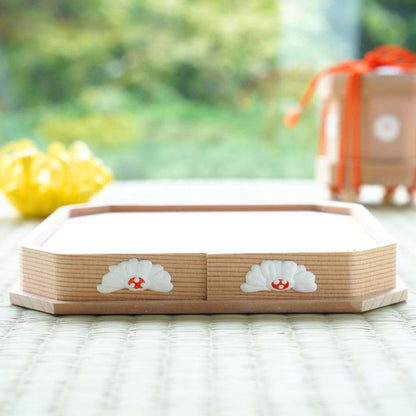 Cedar oshiki tray with chrysanthemum gofun relief