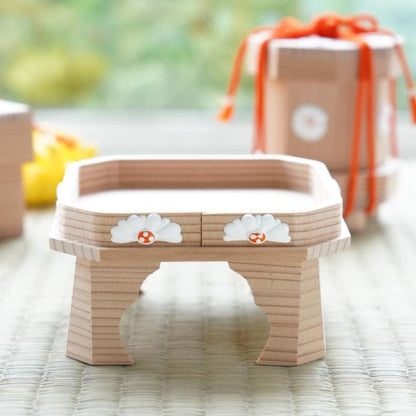 Cedar gozen stand with chrysanthemum gofun relief