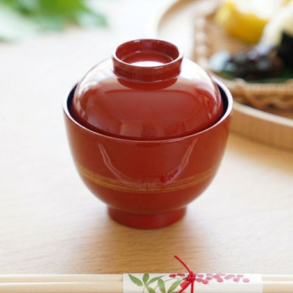 LIDDED SOUP BOWL – VERMILION WITH GOLD KASURI BAND