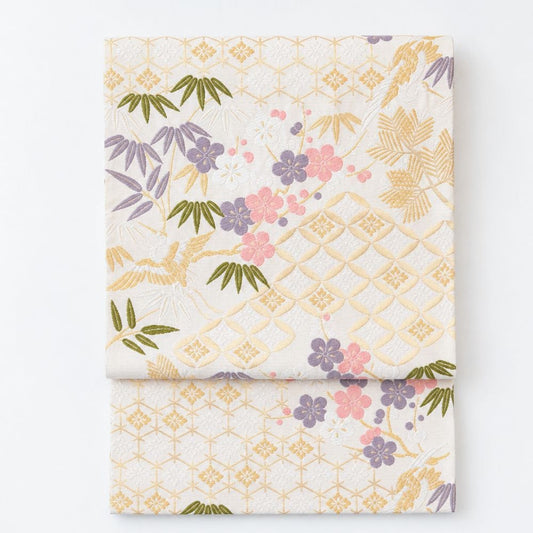 Nishijin table runner, crane and pine bamboo plum on peach pink, Kyoto