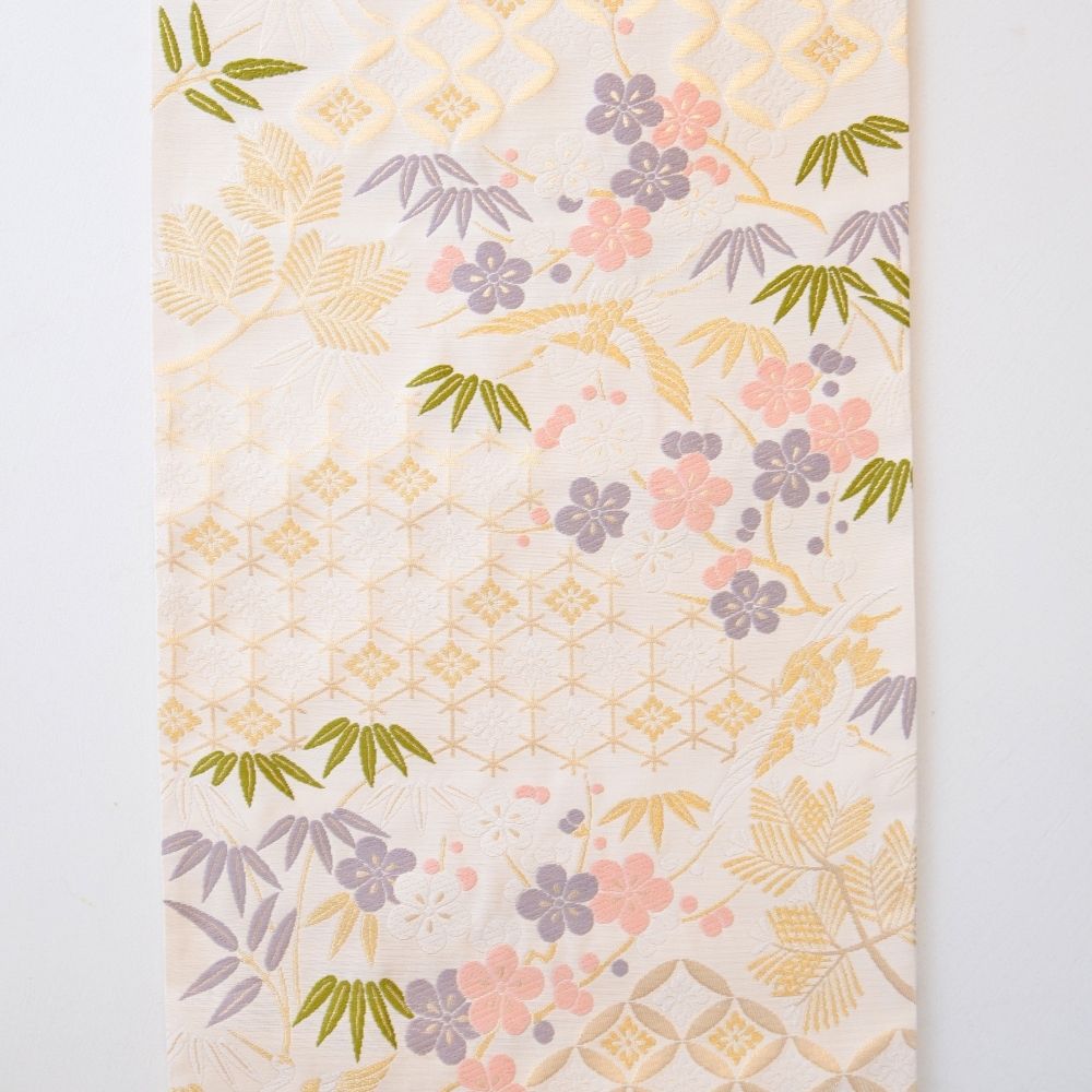 NISHIJIN TABLE RUNNER – CRANE & PLUM BLOSSOM ON IVORY, PINK (KYOTO)