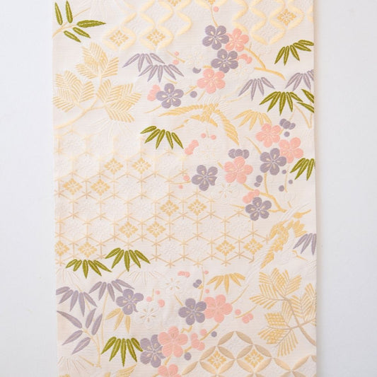 NISHIJIN TABLE RUNNER – CRANE & PLUM BLOSSOM ON IVORY, PINK (KYOTO)