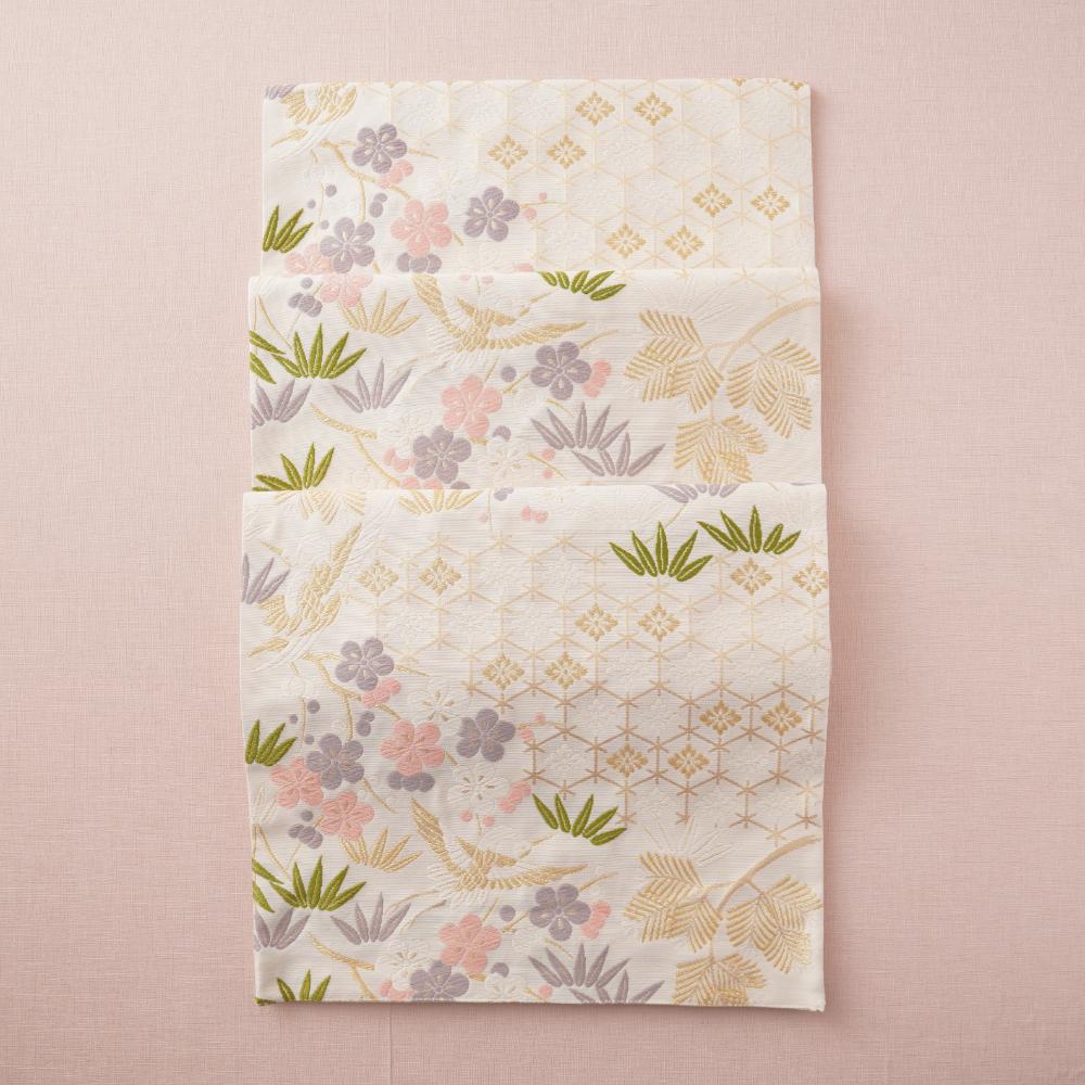 NISHIJIN TABLE RUNNER – CRANE & PLUM BLOSSOM ON IVORY, PINK (KYOTO)