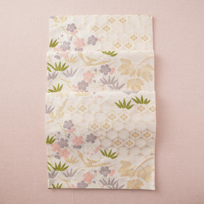 NISHIJIN TABLE RUNNER – CRANE & PLUM BLOSSOM ON IVORY, PINK (KYOTO)