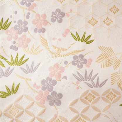 NISHIJIN TABLE RUNNER – CRANE & PLUM BLOSSOM ON IVORY, PINK (KYOTO)