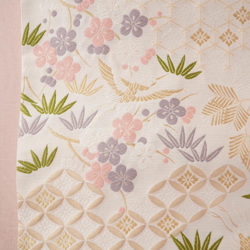 NISHIJIN TABLE RUNNER – CRANE & PLUM BLOSSOM ON IVORY, PINK (KYOTO)