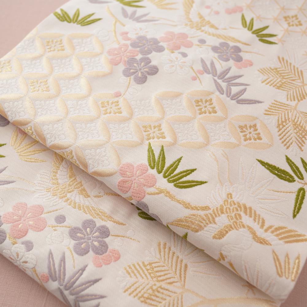 NISHIJIN TABLE RUNNER – CRANE & PLUM BLOSSOM ON IVORY, PINK (KYOTO)