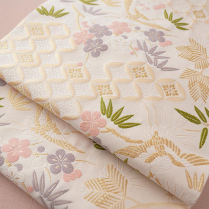 NISHIJIN TABLE RUNNER – CRANE & PLUM BLOSSOM ON IVORY, PINK (KYOTO)
